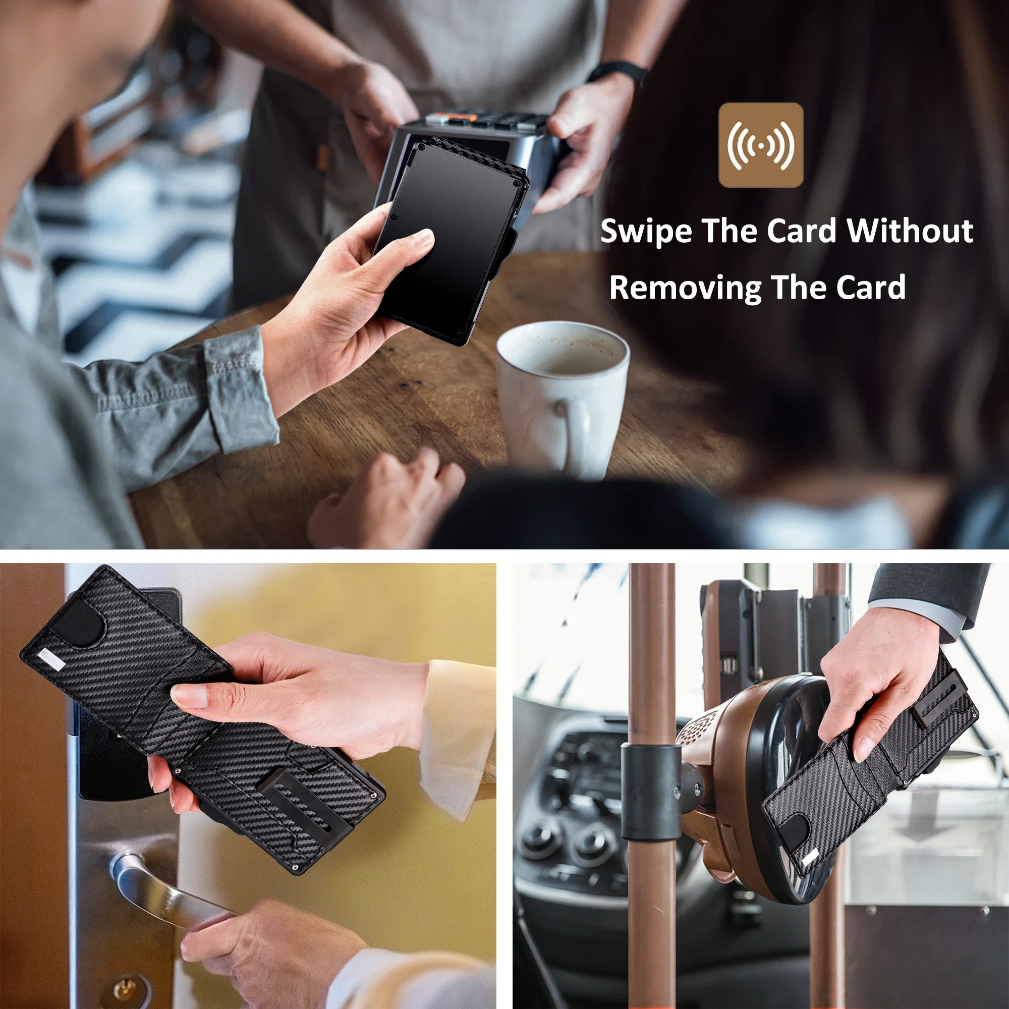 Portafoglio da uomo minimalista, porta 9-13 carte, sottile e compatto con fermasoldi, finestra per documenti, blocco RFID, porta carte smart pop-up. - immagine 4