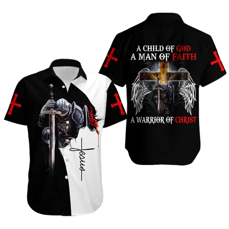 thumbnail image 1 of Camisetas americanas de una nación bajo Dios para hombre, camisetas hawaianas con botones de manga corta y estampado 3D de la bandera patriótica de Jesús, 1 of 5
