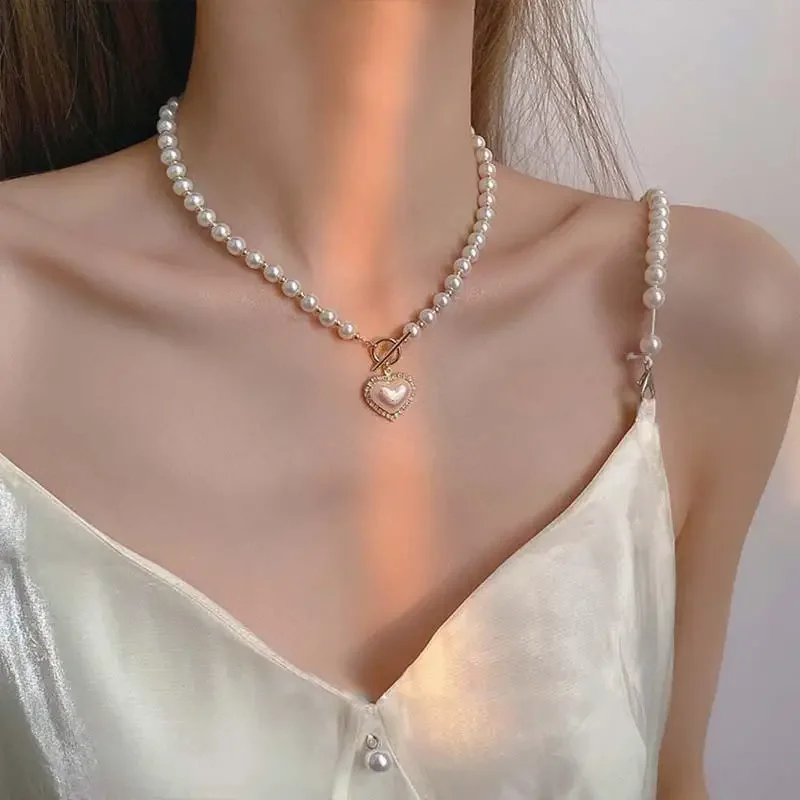 Gentle Choker Jewelry Gift Necklaces Elegant Pearl Necklace Women's Fashion Rhinestone Shell Heart Pendant