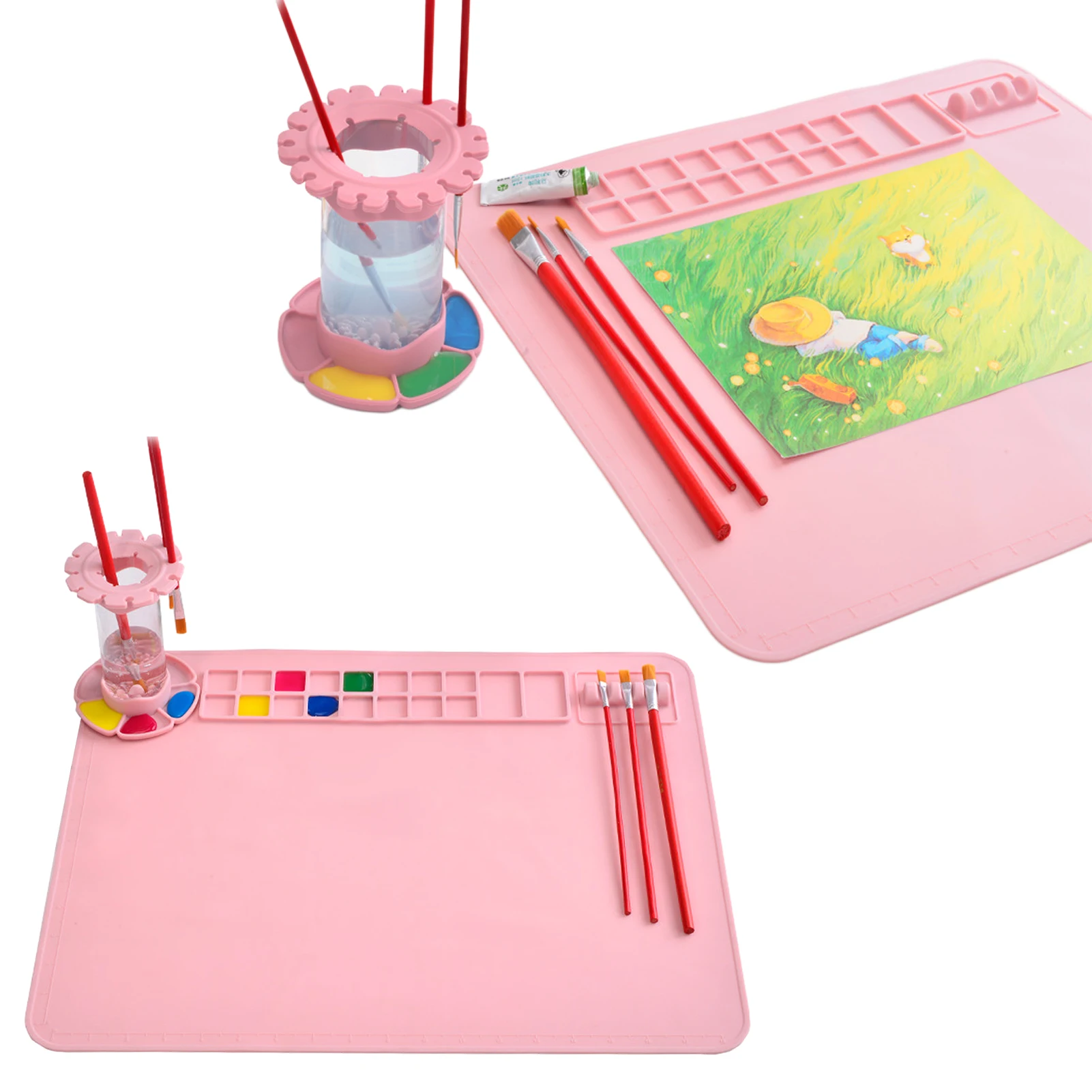 

Watercolor Resin Casting For Kids Silicone Painting Mat Paint Tray Art Collapsible Reusable DIY Creation Removable Cup Pink