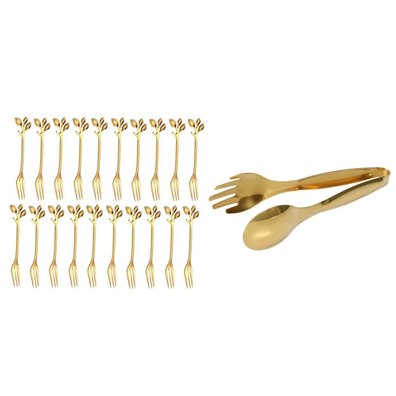 

Food Tongs Kitchen Utensils Buffet Cooking Tools With 20Pcs Flatware Fruit Fork Snack Dessert Fork Kitchen Tableware