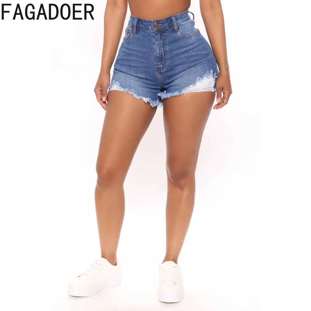 FAGADOER Summer Denim Hole Skinny Shorts Women High Waisted Button Slim Bottoms Fashion Female Cowboy Matching Shorts 2024 New