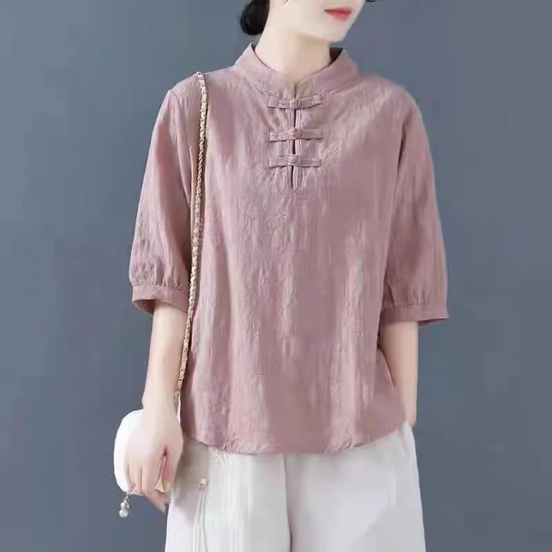 

2023 New Summer Button Standing Collar Medium Sleeve Cotton Hemp T-Shirt Women's Solid Vintage Shirt Plus Size Versatile Top