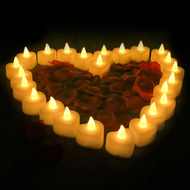 Bougies chauffe-plat LED en forme de cœur, 24/48 paquets, avec pétales de Rose artificiels, décorations de nuit romantiques pour anniversaire de mariage 5