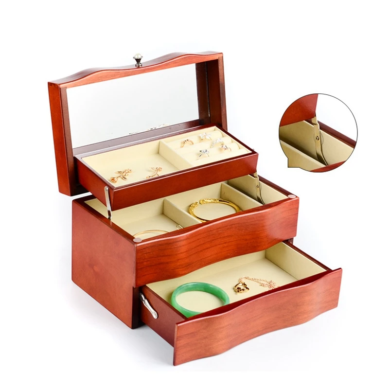 

2023 Hot Wood Large Capacity Jewelry Organizer Box 3 Layer Jewellery Storage Women Rings Necklace Gift Cases Cosmetic Mirror