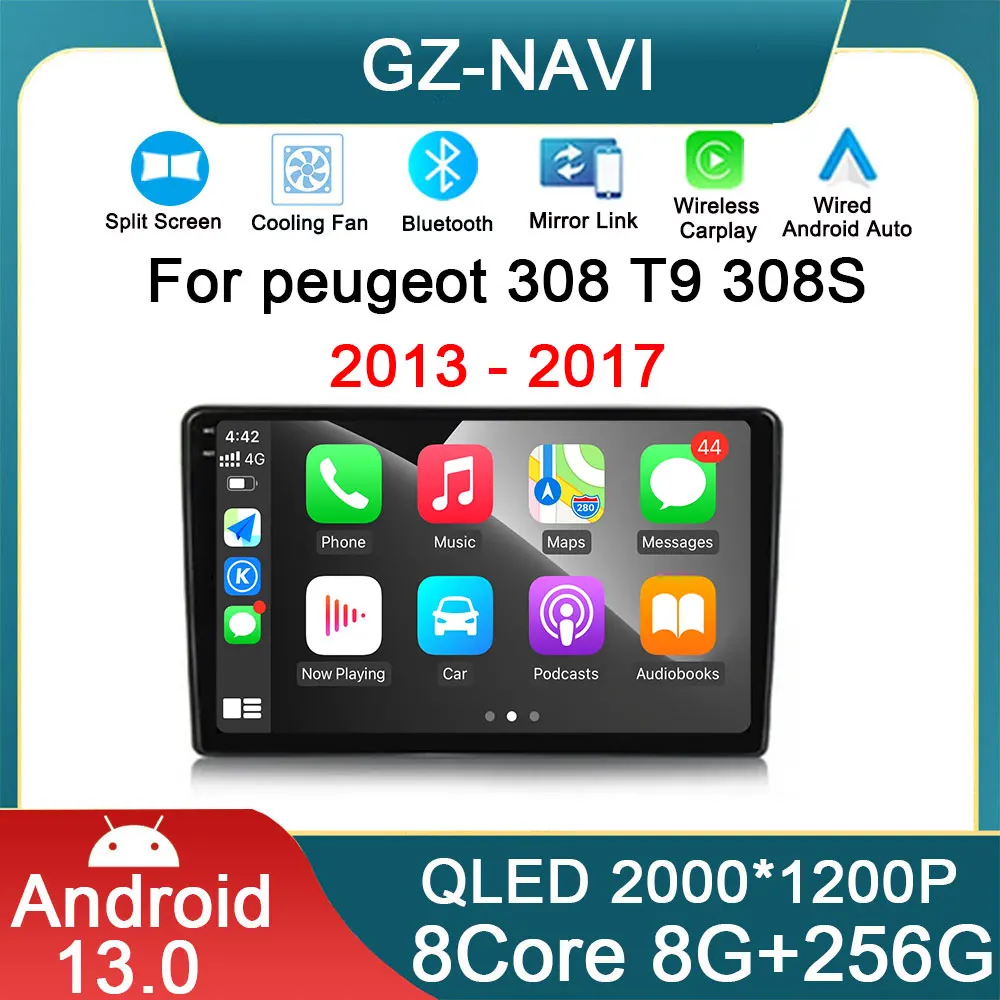 

Автомобильный радиоприемник 9 "IPS экран Android 13 для Peugeot 308 T9 308S 2013 - 2017 4G Мультимедийный Плеер Carplay Auto