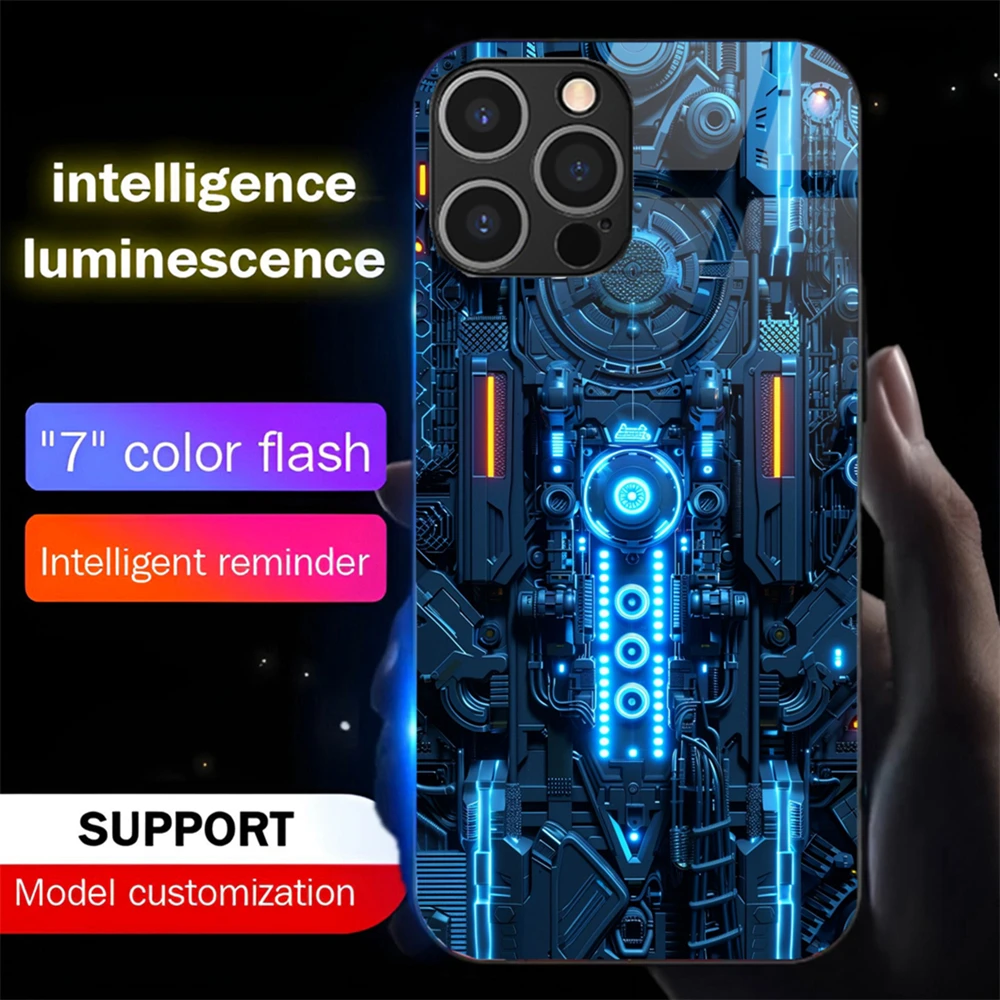 Luxus Blau Chip Muster Leuchtende Telefon Fall LED Licht Glas Stoßfest Abdeckung Für iPhone Air 17 16 E 15 14 13 12 11 Pro Max Plus