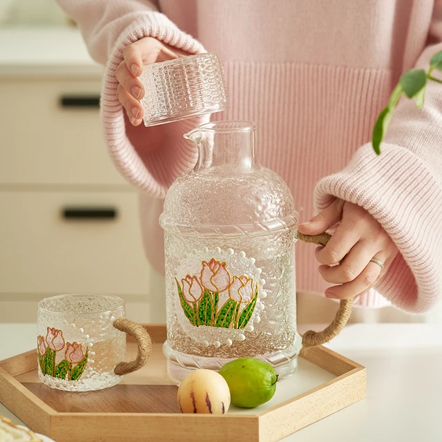 Hand Painted Tulip Pitcher And Glasses Beverage Set