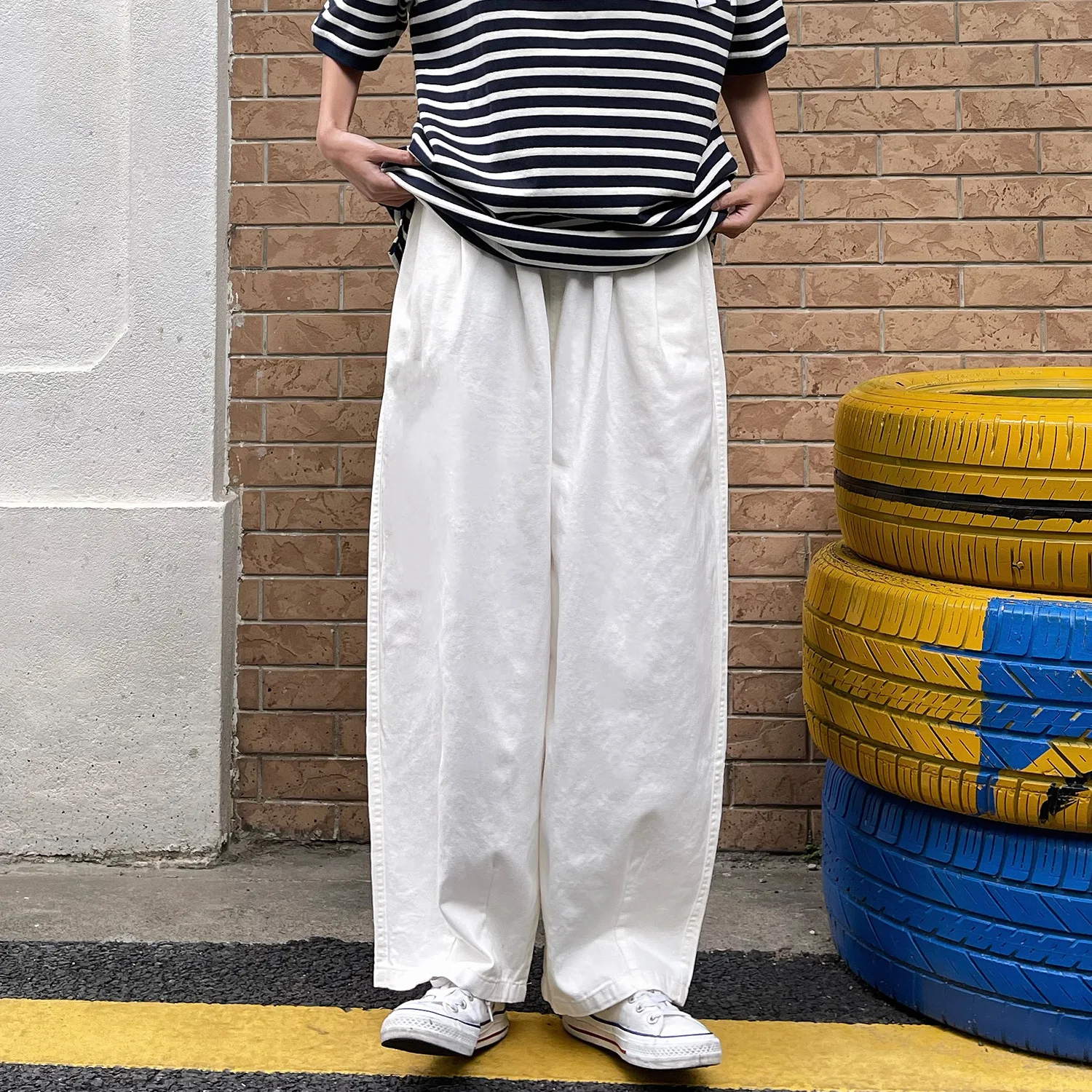 Siam Trendy Men's Japanese Style Pants – One Size White Wave Design Cotton Pants, Adjustable Waist