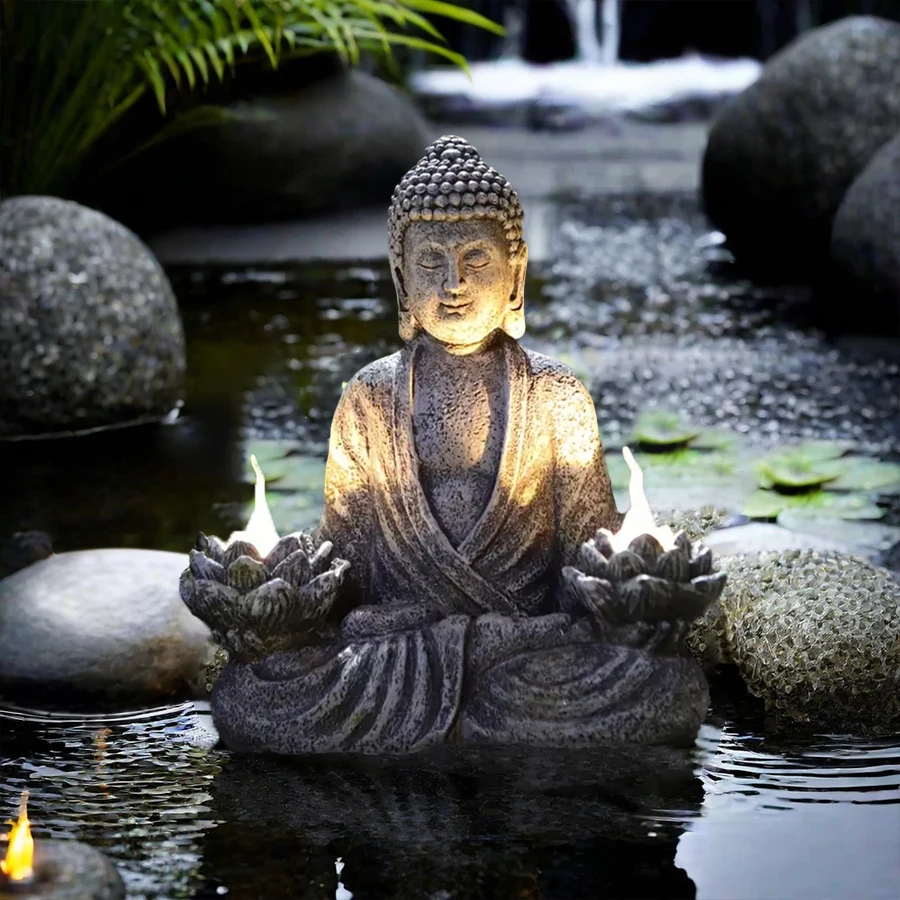 1pc Lotus Buddha Statues with LED Lights, Solar-Power Buddha Sculpture Decor for Home Garden, Yard, Patio, Yoga. 2
