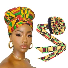 

Helisopus Ladies African Print Satin Bonnet with Long Ribbon Head Wrap Women Double Layer Turban Ankara Pattern Party Headwrap