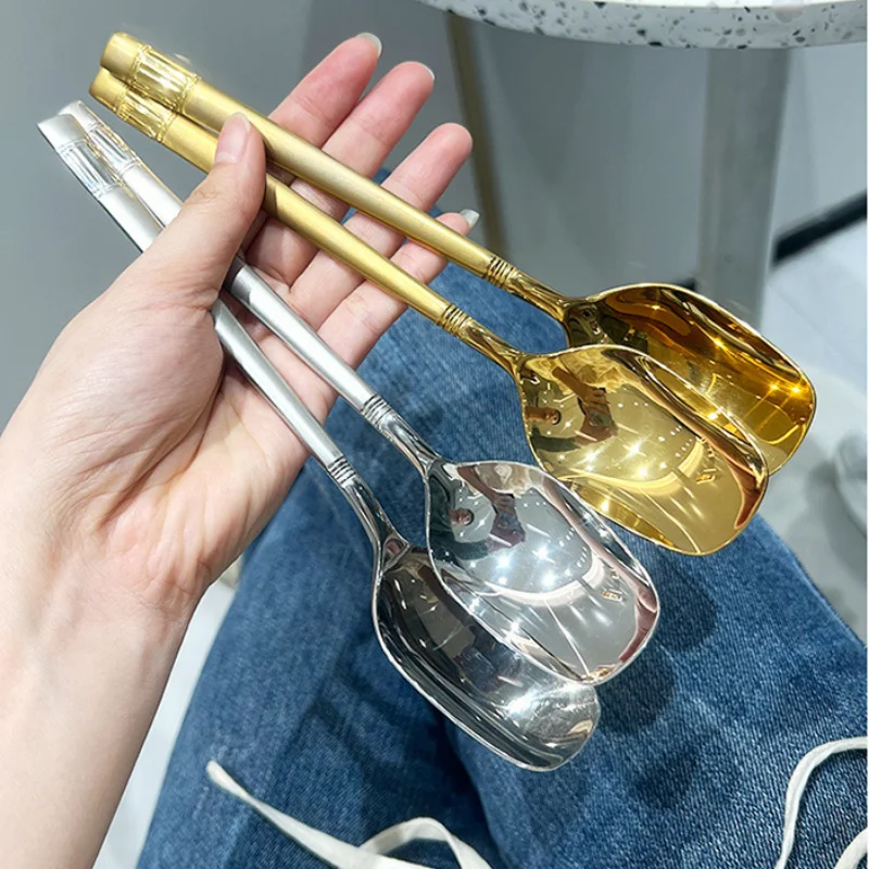 1Pcs Korean Luxury Textured Square Head Soup Spoon Stainless Steel