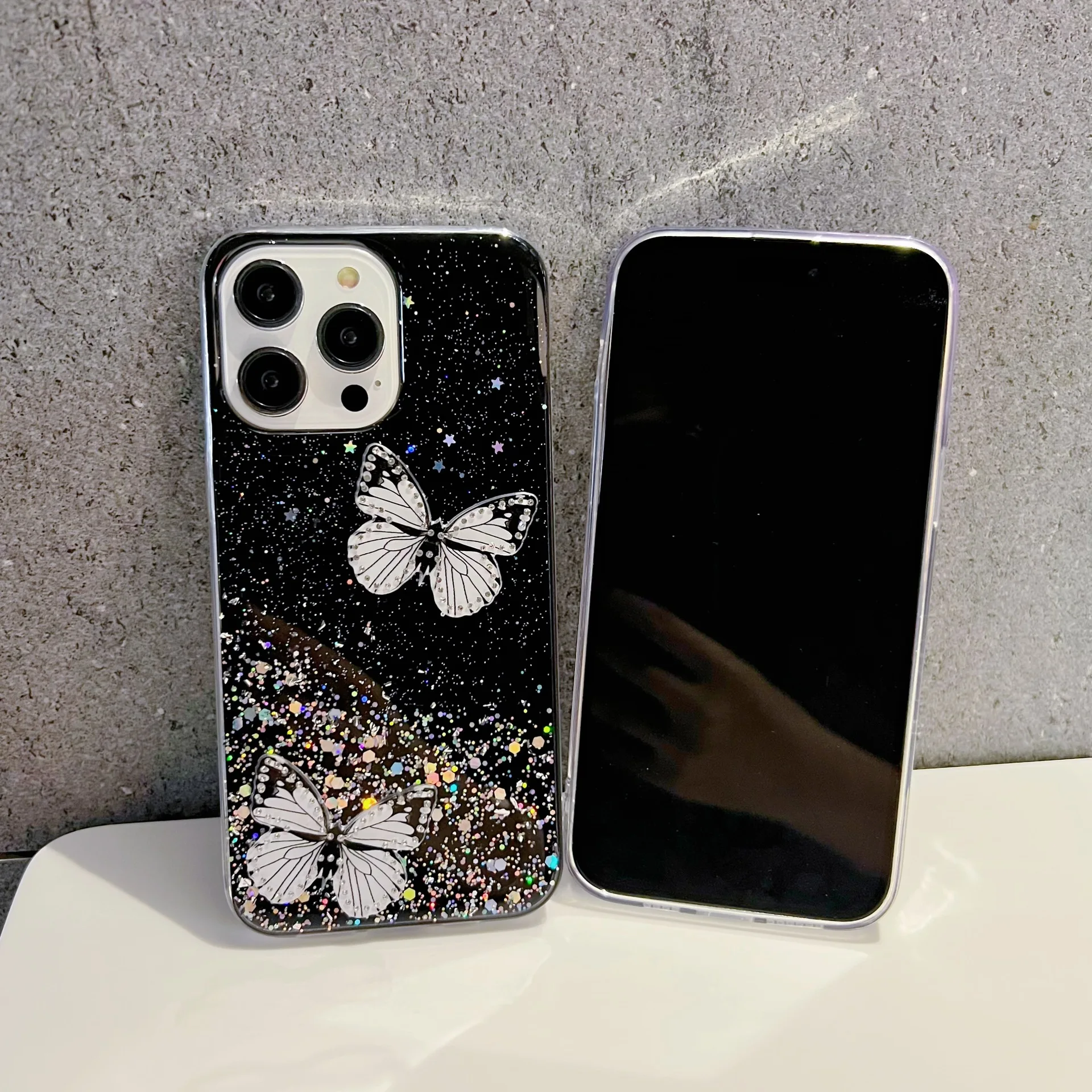 Vibrant Pink Butterfly & Starry Sky Semi-Transparent Shockproof Phone Case
