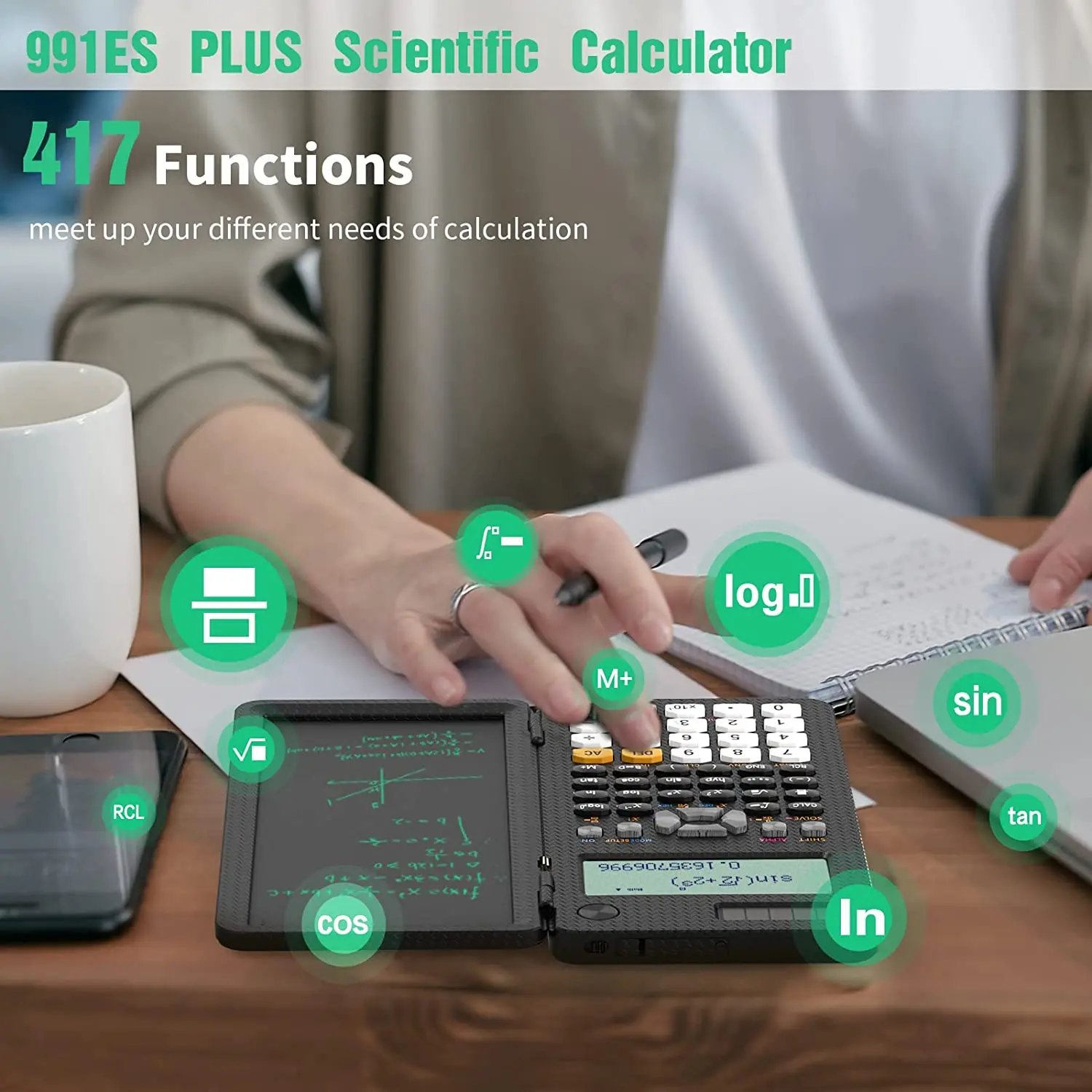 NEWYES calculatrice scientifique avec tablette d'écriture, 417 fonctions  calculatrice 991ES Plus améliorée, batterie solaire, pour ingénieur