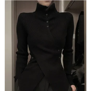 Deeptown Harajuku Black Turtleneck Women Sweaters Criss Cross Irregular Korean Fashion Button Knit Pullovers Slim Warm Aesthetic 1