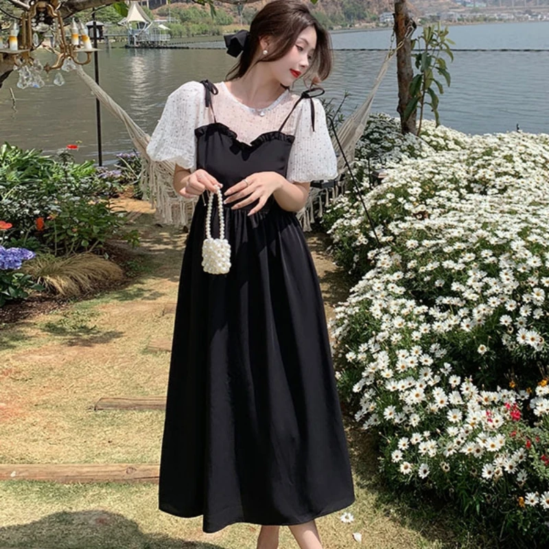 

2023 Spring New Women's Dress Korean Fashion Versatile Casual Fake Two-piece Large Short Sleeve Crew Neck Loose Free Shipping