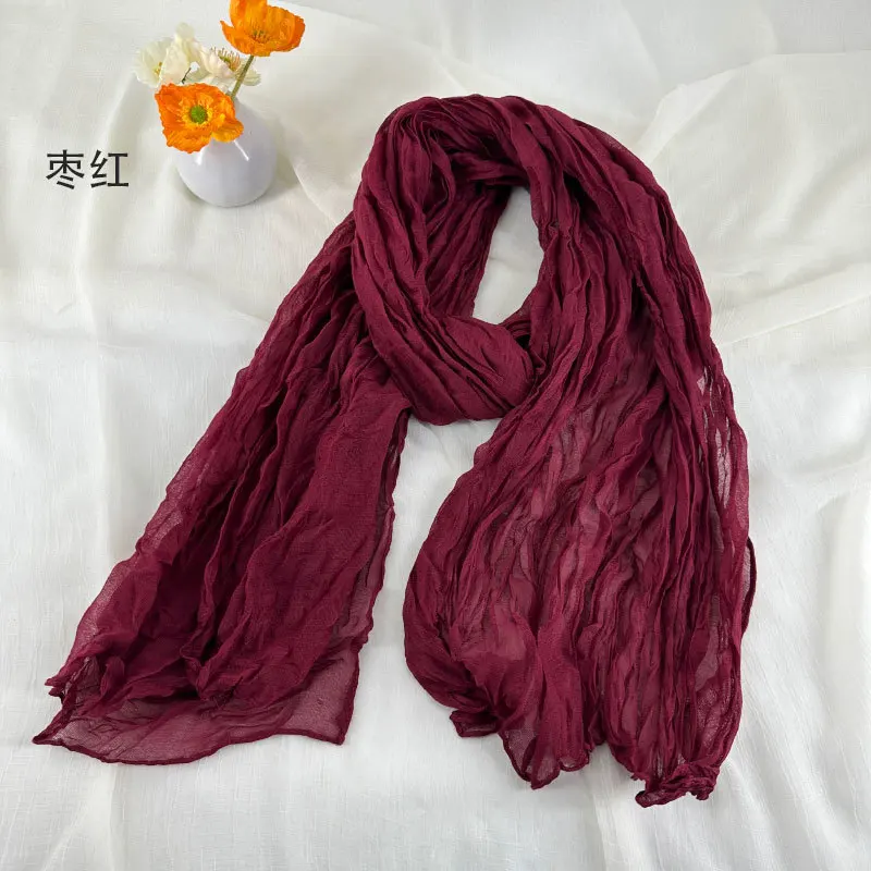 Women Soft Breathable Cotton and Linen Scarves Solid Color Pleated Scarf Retro Bohemian Style Long Wraps 180*90cm Multi Color - 5