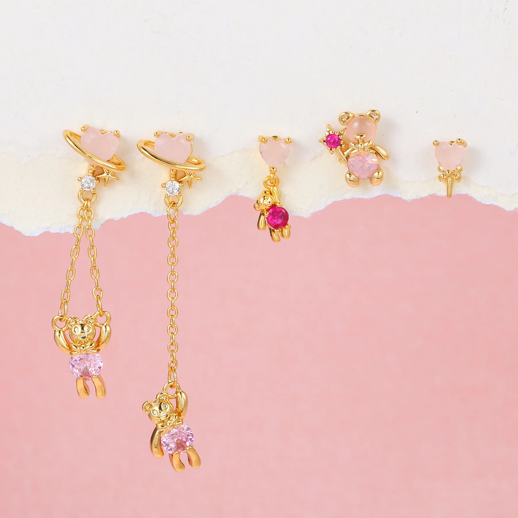 

5pcs/Set Y2K Fashion Earrings Cute Pink Zircon Bear Stud Earrings For Women Girl Earring Jewelry Gifts aretes de mujeres