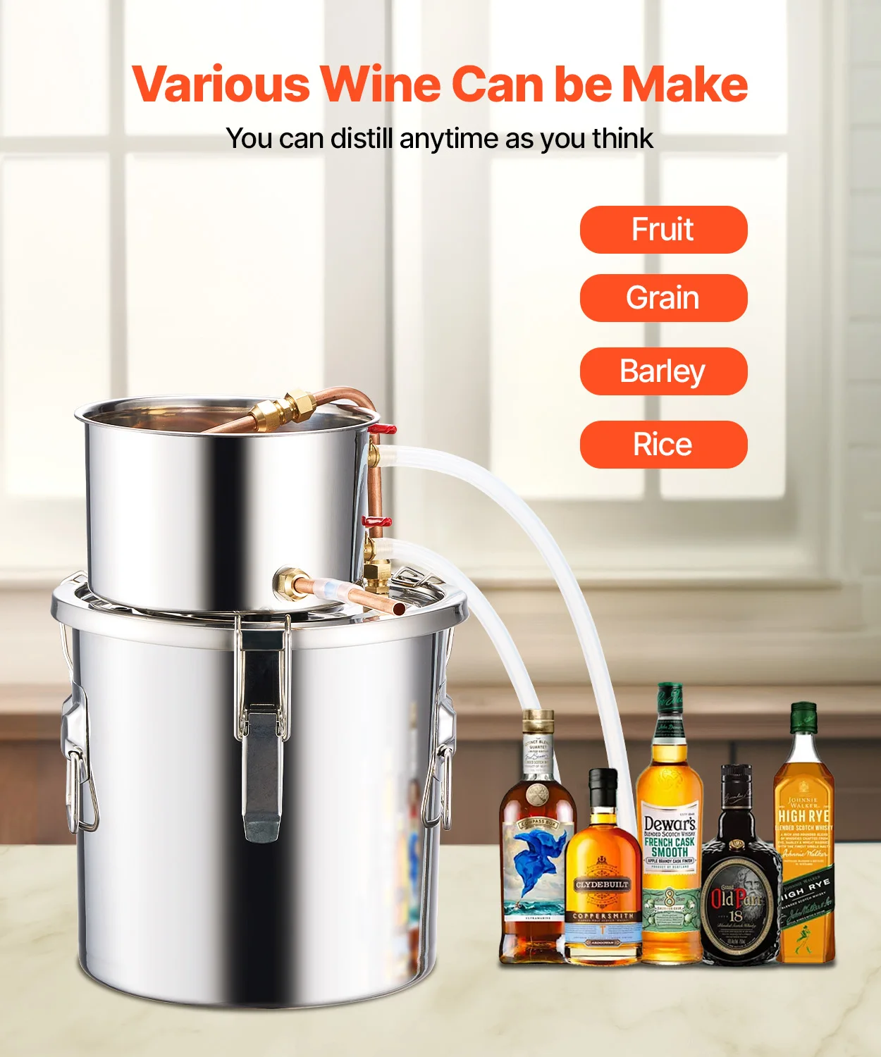 SucceBuy Alcohol Still 3 -8 Gallon Stainless Steel Water Alcohol Distiller with Copper Coil Brewing Refining Fermentation Kit