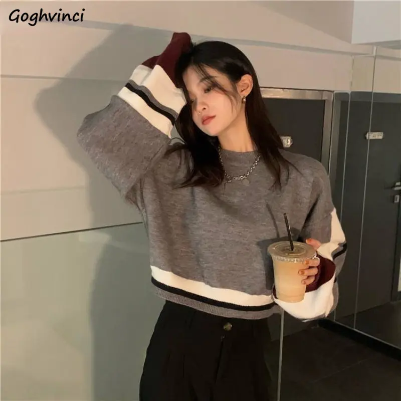 

Korean Trendy Retro Pullovers Women Panelled Cropped Sweater Autumn Loose All-match Knitted Pull Femme 3-colors Casual Young Ins