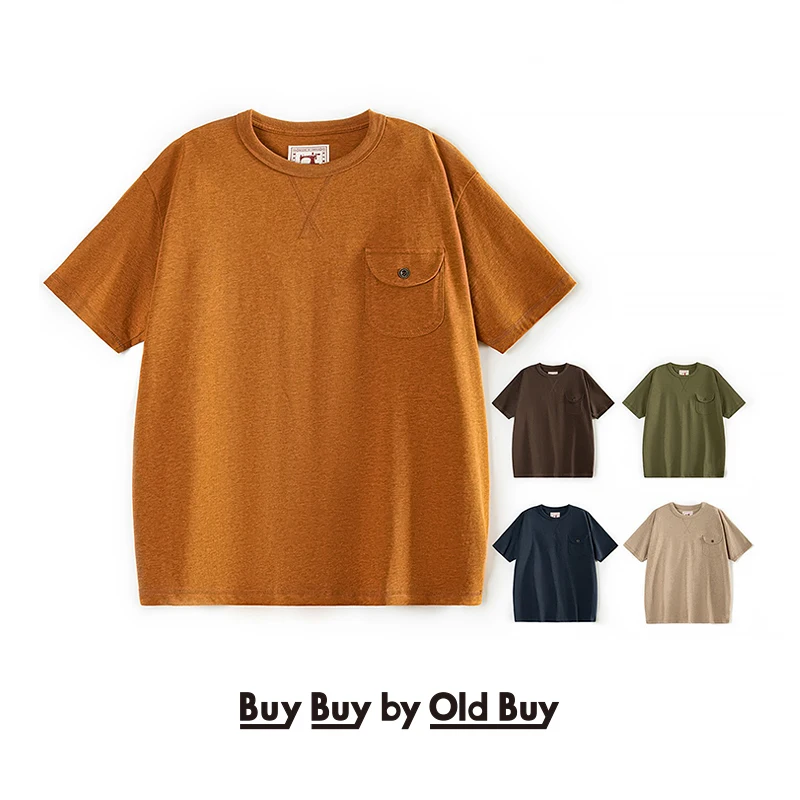 Retro Japanese Sle ort Sve T-irt Pure Cotton Yarn Proc Heavyweight 240g Basic round Ne ket T-irt