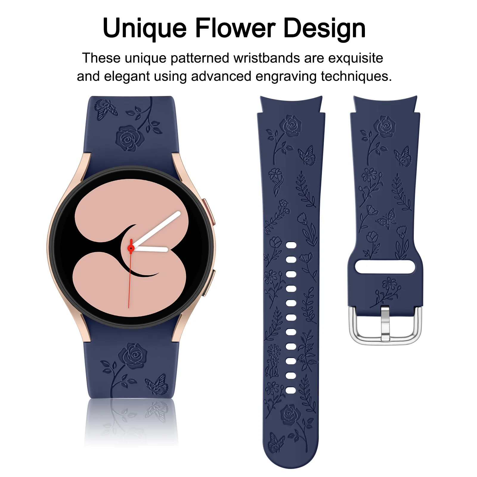 Floral Engraved 20mm Watchband Strap