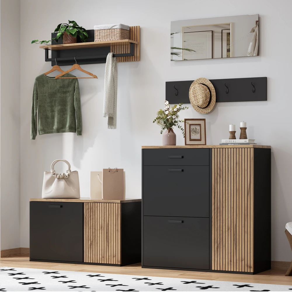 Kleiderschrank-Set, Kleiderschrank, Kommode, Schuhschränke, Kleiderschrank mit Spiegel, Hutablage und Haken, Schuhschrank mit Schuhbank – Detail 14