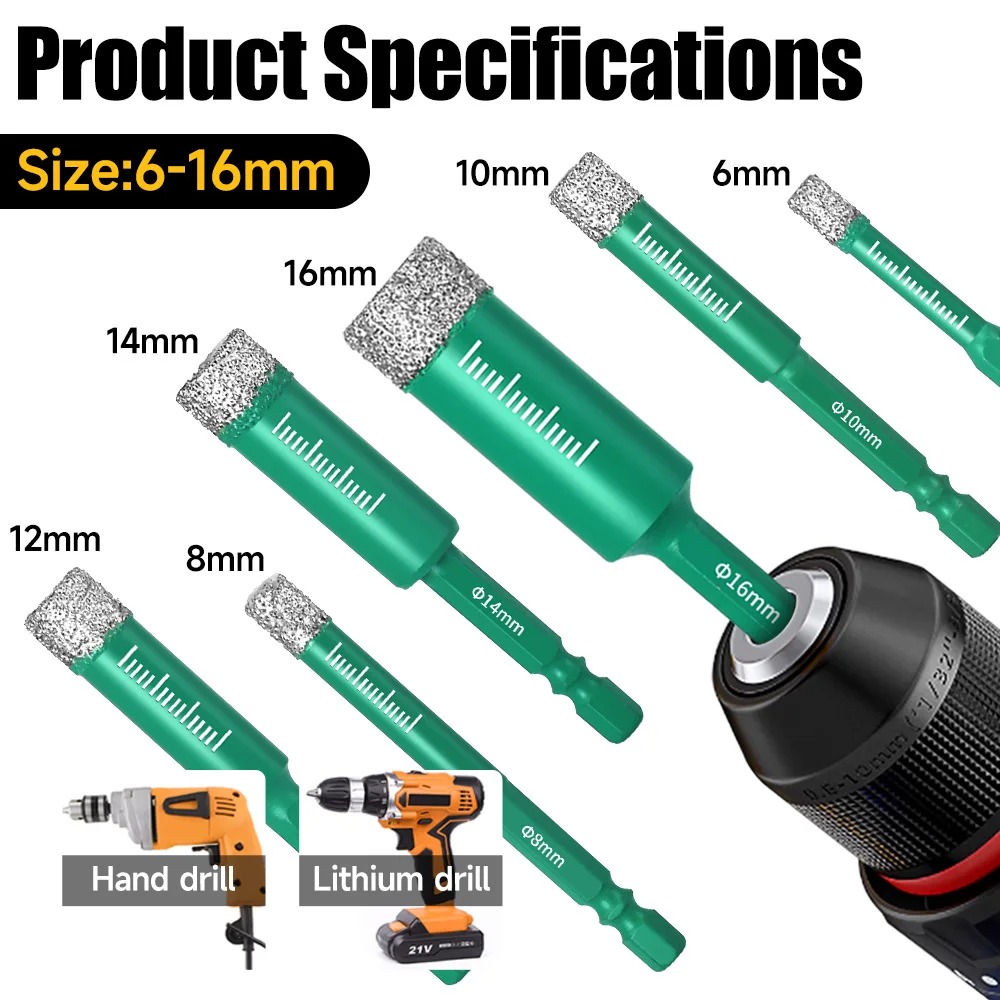 Diamond Drill Bit 6-16mm Hex Shank Built in Cooling Wax Porcelain Tile Glass Granite Marble Ceramic Hole Saw Cutter Drill Bit