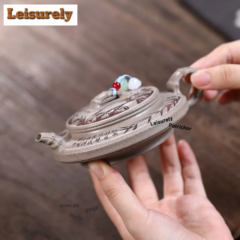 140ml Vintage Yixing Purple Clay Teapots Handmade Bamboo Shadows Pot Raw Ore White Segment Mud Kettle Chinese Zisha Tea Set Gift