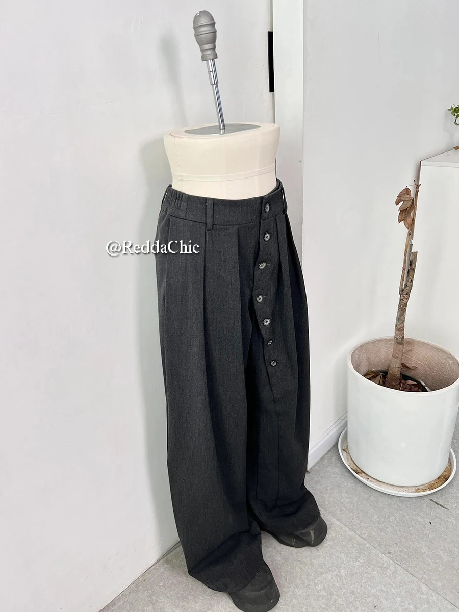 REDDACHiC Irregular Buttons Dress Pants Women Men Black Elastic Waist Wide Leg Pleated Front Suit Trousers Work Casual Clothes 2
