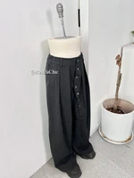 REDDACHiC Irregular Buttons Dress Pants Women Men Black Elastic Waist Wide Leg Pleated Front Suit Trousers Work Casual Clothes 2