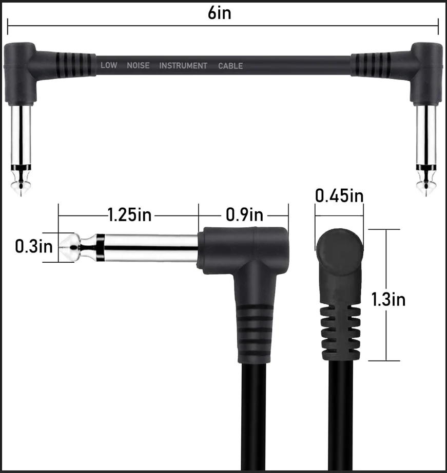 6er-Pack 7,8-Zoll-Gitarren-Patchkabel, buntes/schwarzes Gitarrenpedalkabel, Effektkabel, 1/4 Zoll TS rechtwinkliges Gitarren-Patchkabel – Detail 5