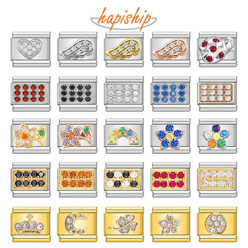 

Hapiship Fashion Star Wing Heart Round Rainbow Crown Shiny CZ Italian Links Charm Fit 9mm Stainless Steel Bracelet Making DJ444