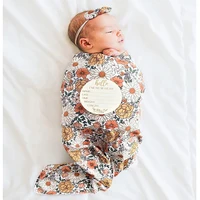 4PCS Set Newborn Receiving Blanket with Matching Headband Beanie Wooden Birth Announcement Card Infant Hospital Swaddle Blanket 1