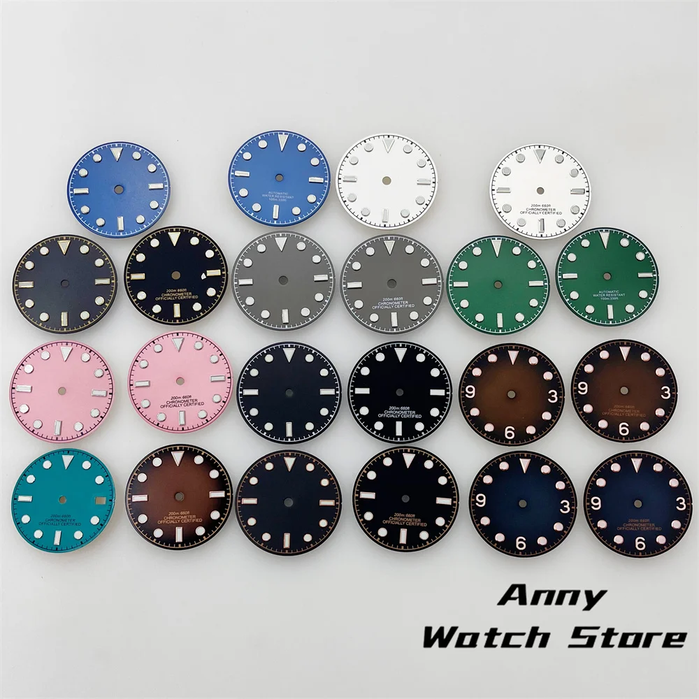 Vintage 29mm Watch Dial with Black, Brown, and Dark Blue Design Featuring Rose Gold Edging and Green Luminous Markers