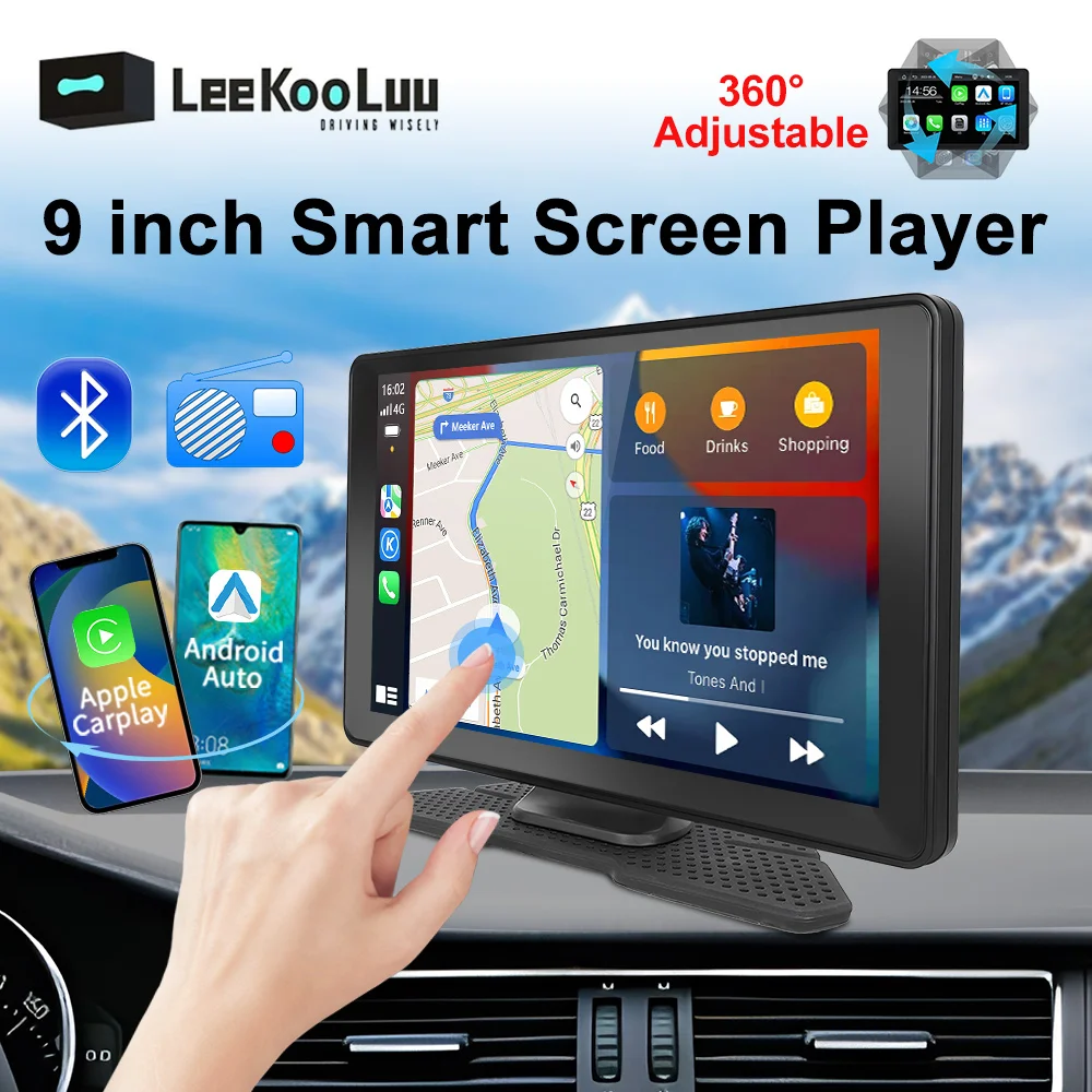 카플레이 모니터 IPS 머리 받침 모니터 태블릿 터치 스크린, 자동차 뒷좌석 디스플레이, 에어플레이 미러 이미지 비디오 플레이어, 안드로이드 12 시스템, 10.1 인치 9 Leekooluu 차량용 모니터, 범용 MP5 휴대용 멀티미디어 플레이어, 무선 안드로이드 자동 카플레이, 블루투스 FM 라디오, 9 인치 스크린