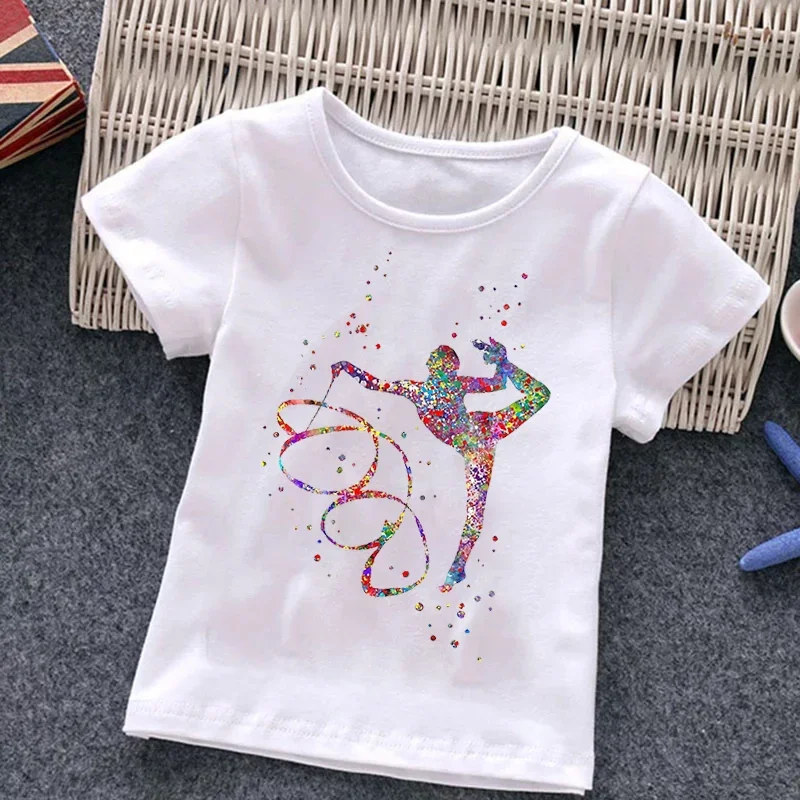 Watercolor Gymnastics Print Tshirts Girls Kids Clothes Cute gymnastics art T Shirt Summer GYM Children Clothing Harajuku Shirt