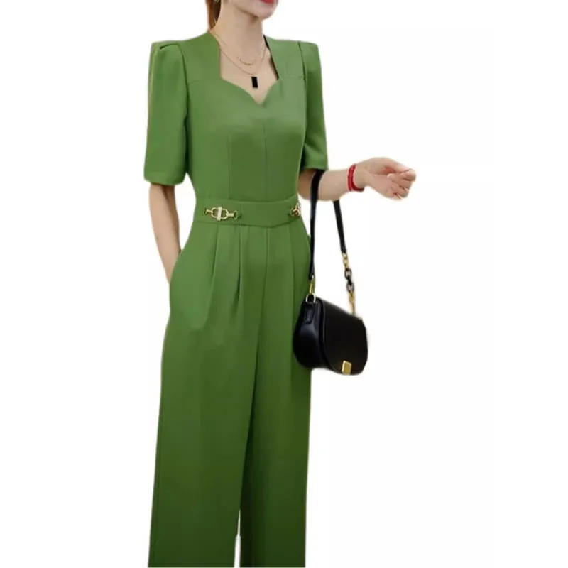 Lazy Style Slimming Short Sleeved Jumpsuit For Women 2025 Summer New Fashion French V-neck Versatile trend Long Women's Rompers