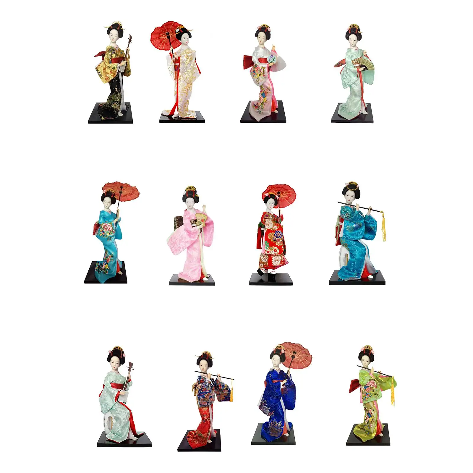 Lot De 4 Statuettes Geisha En Kimono Japonais - Résine Peinte à La Main - Décoration Bureau, Maison, Magasin - 15.5cm