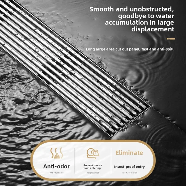 304 ท่อระบายน้ําชั้นสแตนเลสสี่เหลี่ยมผืนผ้า Displacement ระงับกลิ่นกายห้องน้ํายาว Linear ระบายน้ําด้านข้างท่อระบายน้ําชั้นแปรง 1