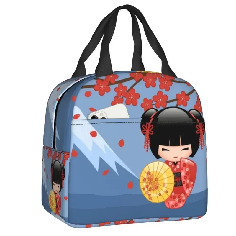 

Japanese Red Sakura Kokeshi Doll Box Geisha Cooler Thermal Food Insulated Lunch Bag School Children Student Tote Bags