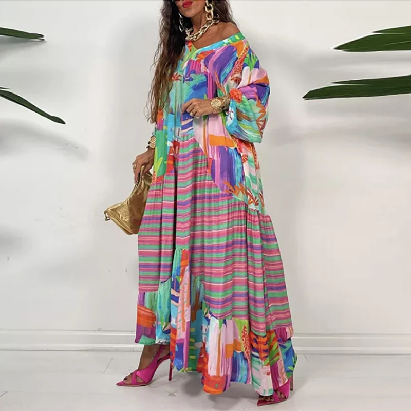 

Fashion Retro Loose Boho Print Maxi Dress Casual V-Neck Long Sleeve Autumn Beach Dress 2022 Harajuku Pattern Ladies Party Dress