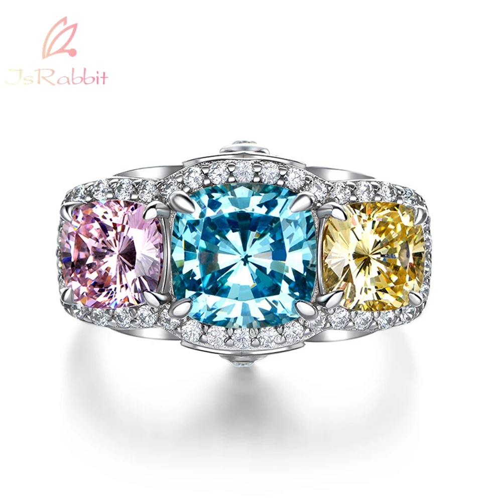 IsRabbit 18K Gold Plated Real 925 Sterling Silver Sparkling Tricolor Created Moissanite Diamond Ring for Women Gift Fine Jewelry