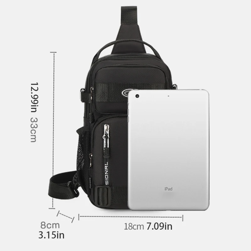 Men's multifunctional chest bag with multiple zipper compartments, suitable for outdoor sports, adjustable shoulder straps, cros