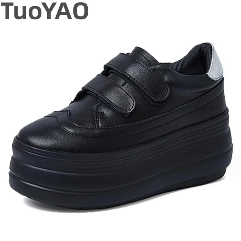 

7.5cm Natural Cow Genuine Leather Platform Wedge Ankle Boots Chunky Sneakers Women Comfort Spring Autumn All Black Pumps Shoes