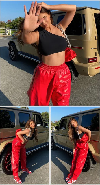 Shesrim] Kylie Streetwear Red Leather Sweatpants Baggy PU Trousers