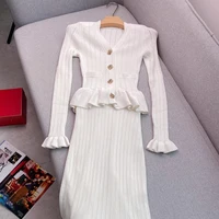 YuooMuoo Brand Fashion One-piece Knitted Maxi Dress Women Elegant V-neck Ruffled Slim Waist Bodycon Sweater Dress Party Vestido - Image 2