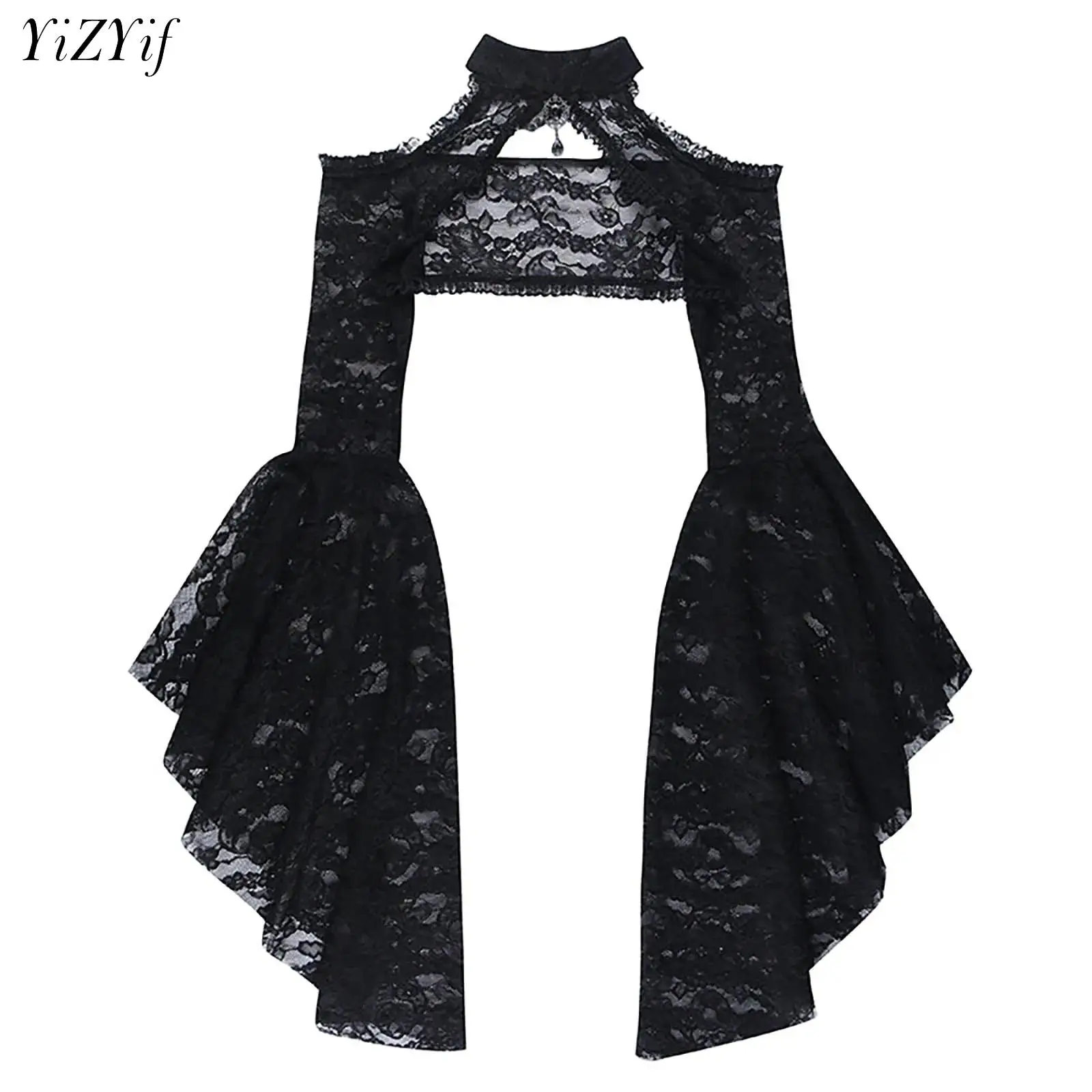 Punk Bolero Shrug Top Trad Goth Schwarze Tücher Ausgestellte Ärmel Abdeckung Wraps für Abendkleider Kurze Strickjacke Durchsichtige Spitze Shrug
