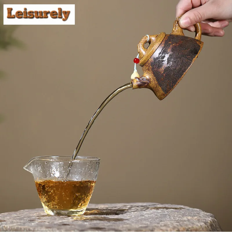 180ml Yixing Purple Clay Teapots Handmade Dragon Stone Scoop Pot Raw Ore The Keel Gold Sand Kettle With Strainer Zisha Tea Set