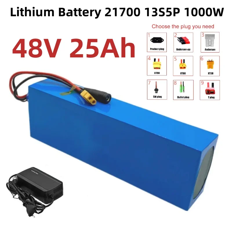 

Electric Bike 48V Lithium Battery 25Ah 21700 13S5P 1000W Scooter Battery Pack 48V 25AH Electric Bike Battery+54.6V 2A Charger